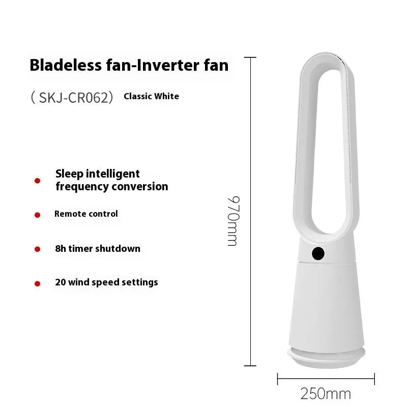 White bladeless tower floor fan with remote control and touch buttons on a desk.
