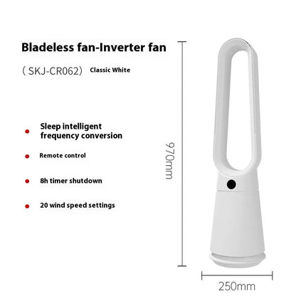 White bladeless tower floor fan with remote control and touch buttons on a desk.