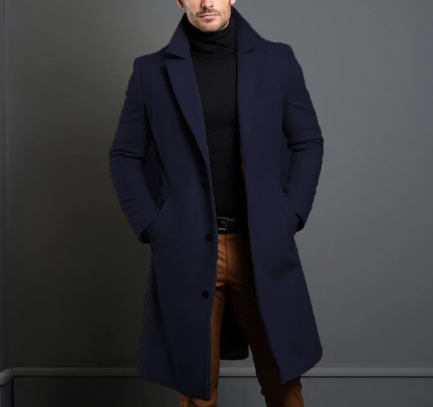 Men's mid-length woolen trench coat, British style, straight hem, embedded-line pockets, dark grey khaki black navy blue