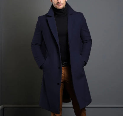 Men's mid-length woolen trench coat, British style, straight hem, embedded-line pockets, dark grey khaki black navy blue