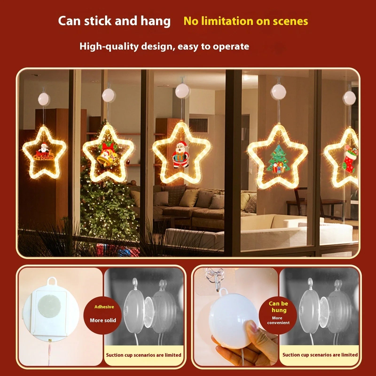 Festive LED Christmas star pendant light with five-point design, perfect for holiday decorations on windows, doors, and more