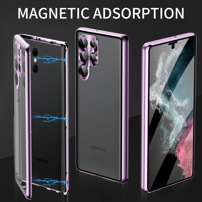 Black magnetic mirror phone case for Samsung Galaxy S24 Ultra showing peep-proof screen and integrated magnetic ring