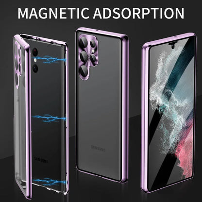 Black magnetic mirror phone case for Samsung Galaxy S24 Ultra showing peep-proof screen and integrated magnetic ring