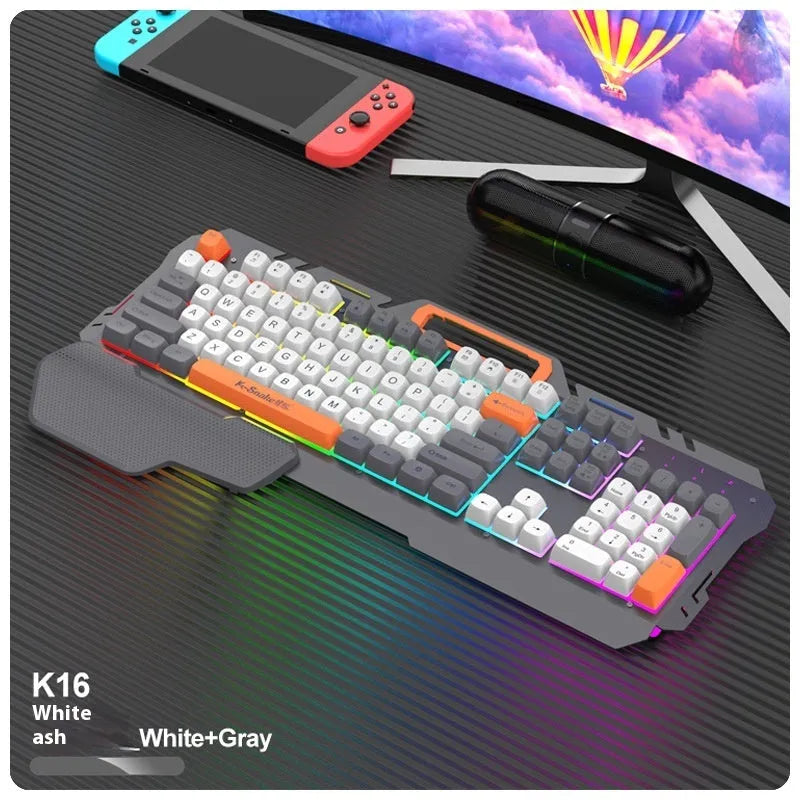 Blue wired gaming keyboard and mouse combo with backlit keys on dark surface