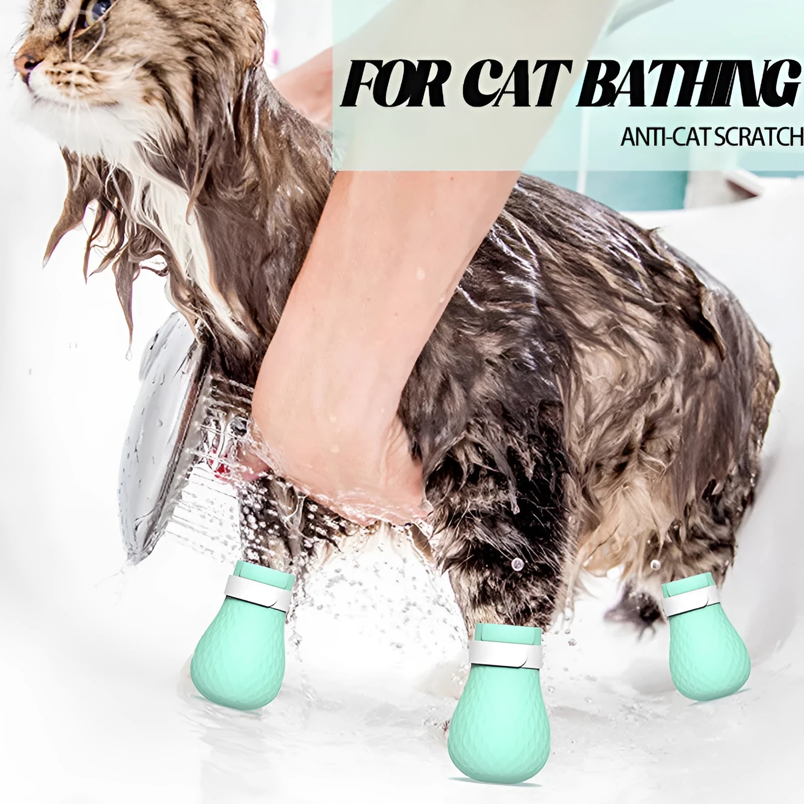 Four green silicone cat paw scratch protector foot covers for pet grooming and handling
