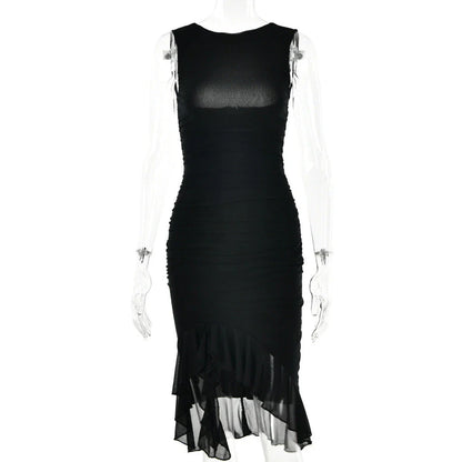 Chic sleeveless sheath dress in various colors, featuring a unique collage/splicing design and a form-fitting silhouette