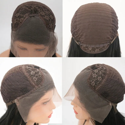 Women's mid-length straight lace front wig in high-temperature fibre on display head