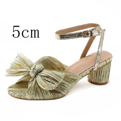 Satin bowknot fish mouth high heel sandals with thick heel and buckle fastening in black