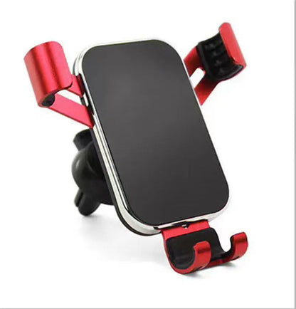 Aluminum alloy car phone holder with electroplated finish, shown in Black Blue Red and Silver options