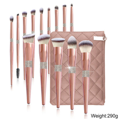Rose gold electroplated makeup brush set with 14 pieces showing 20cm length and PU storage bag