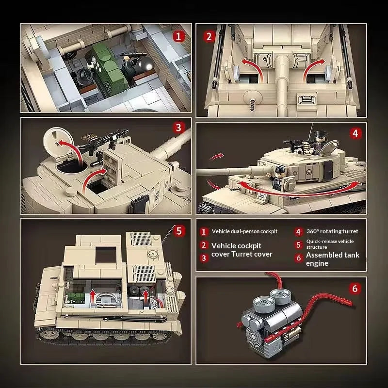 German Tiger I Heavy Tank building blocks set with 1,361 small plastic and rubber particles for ages 7-14