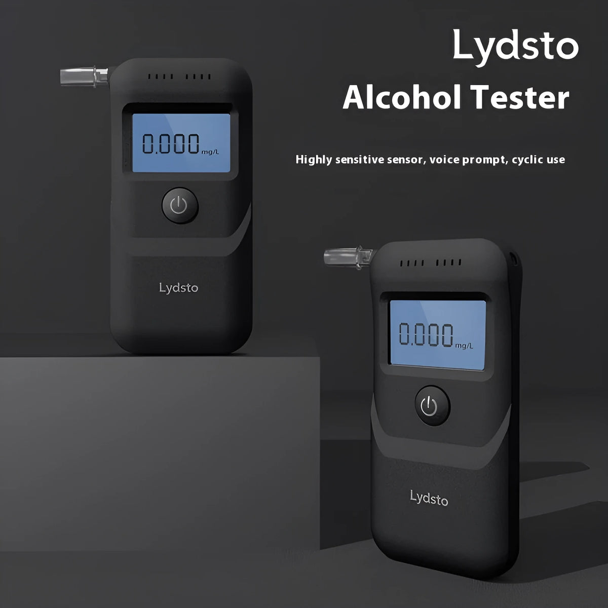 Black portable digital alcohol breath tester with display on a white background.