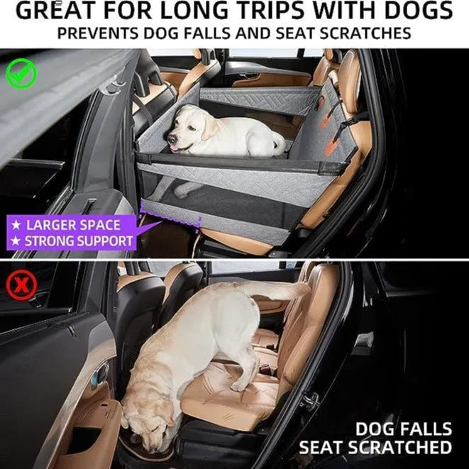 Grey water resistant rectangular dog bed with raised sides on a car back seat.