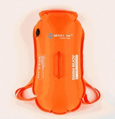 Double airbag swimming buoy backpack in fluorescent orange, showcasing its dual airbags and waterproof storage compartment.