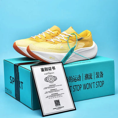Low-top running shoes with carbon plate on a road, showing PU mesh upper and natural rubber sole in Glacier colour.