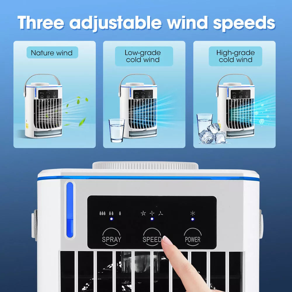 Compact USB-powered mini air cooler with humidification spray, bladeless design for safety