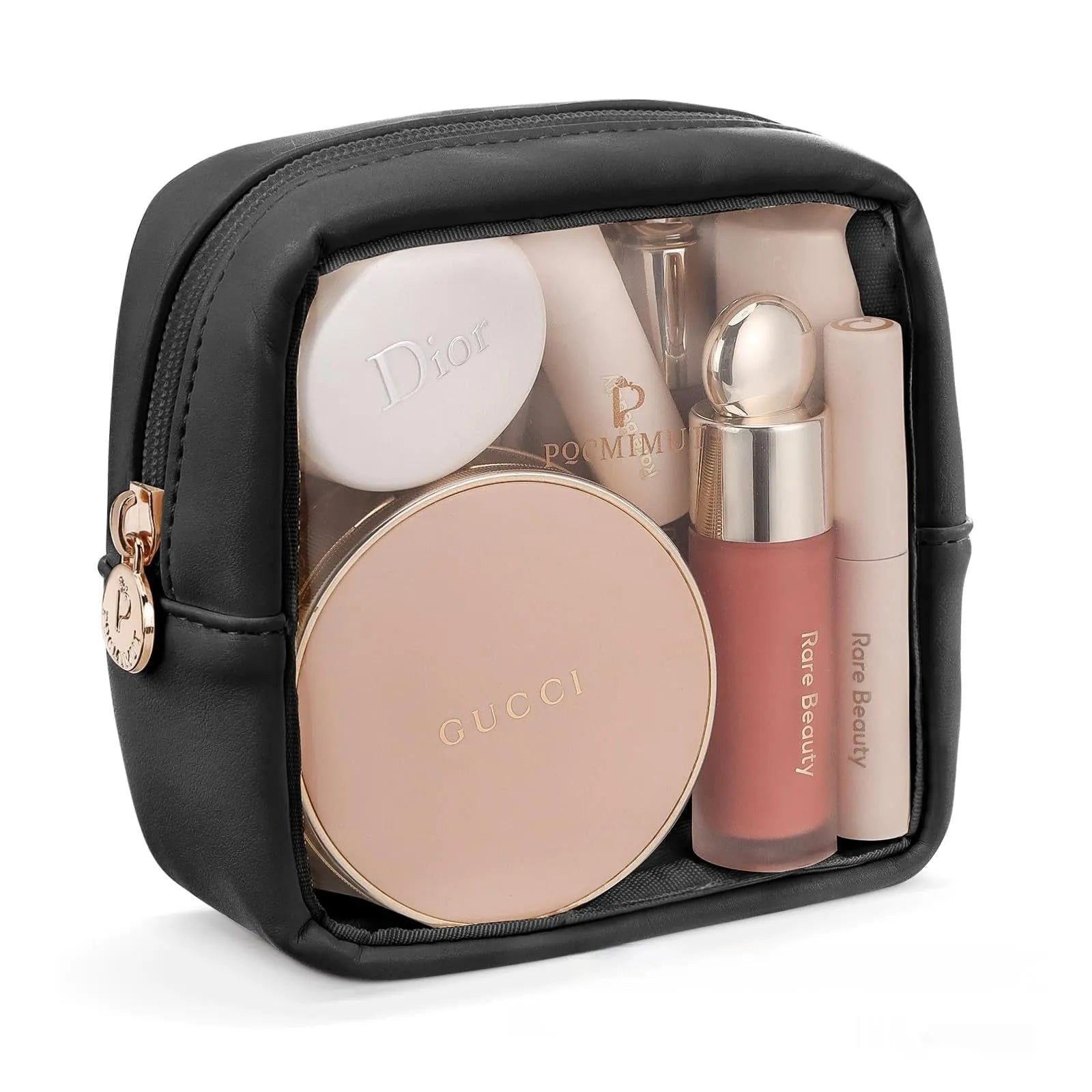 Transparent PVC leather cosmetic bag showing interior organisation with dry wet separation