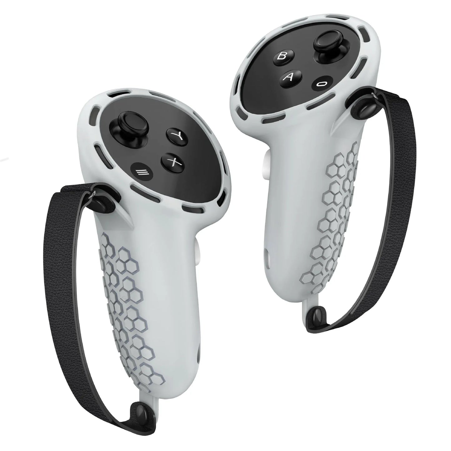 Silicone protective sleeve on a Meta Quest 3 VR controller handle in multiple colour options.