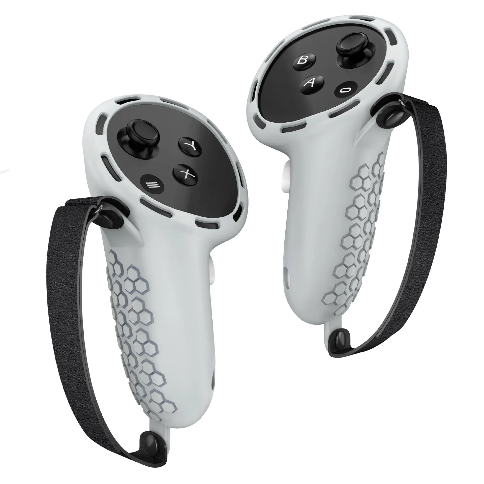 Silicone protective sleeve on a Meta Quest 3 VR controller handle in multiple colour options.