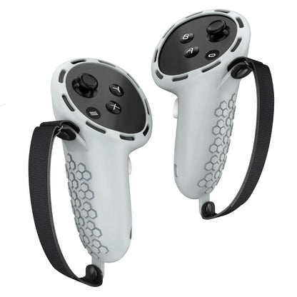 Silicone protective sleeve on a Meta Quest 3 VR controller handle in multiple colour options.