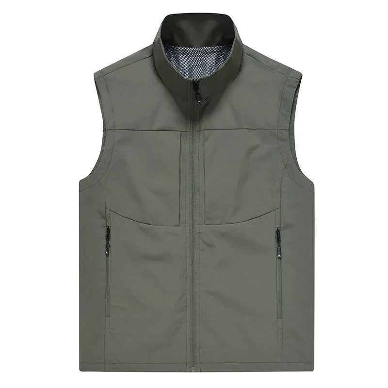 Men's loose fit cardigan vest in khaki with stand collar and zipper pockets