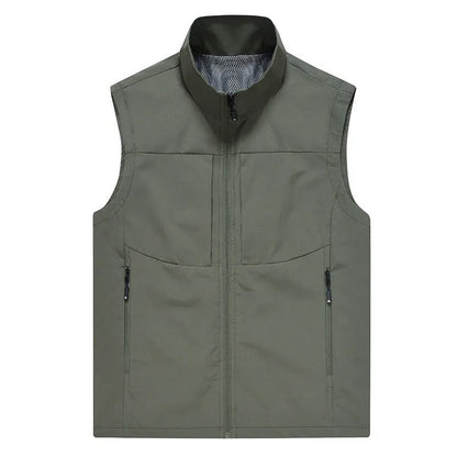 Men's loose fit cardigan vest in khaki with stand collar and zipper pockets