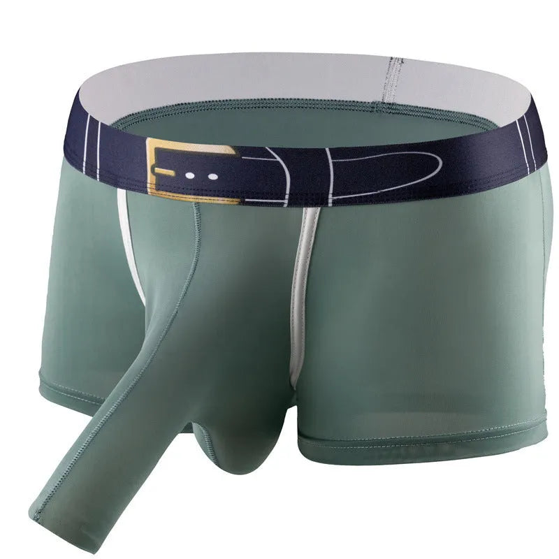 Men's solid colour Ice Silk boxers in black, shown laid flat, with a mid waist design.