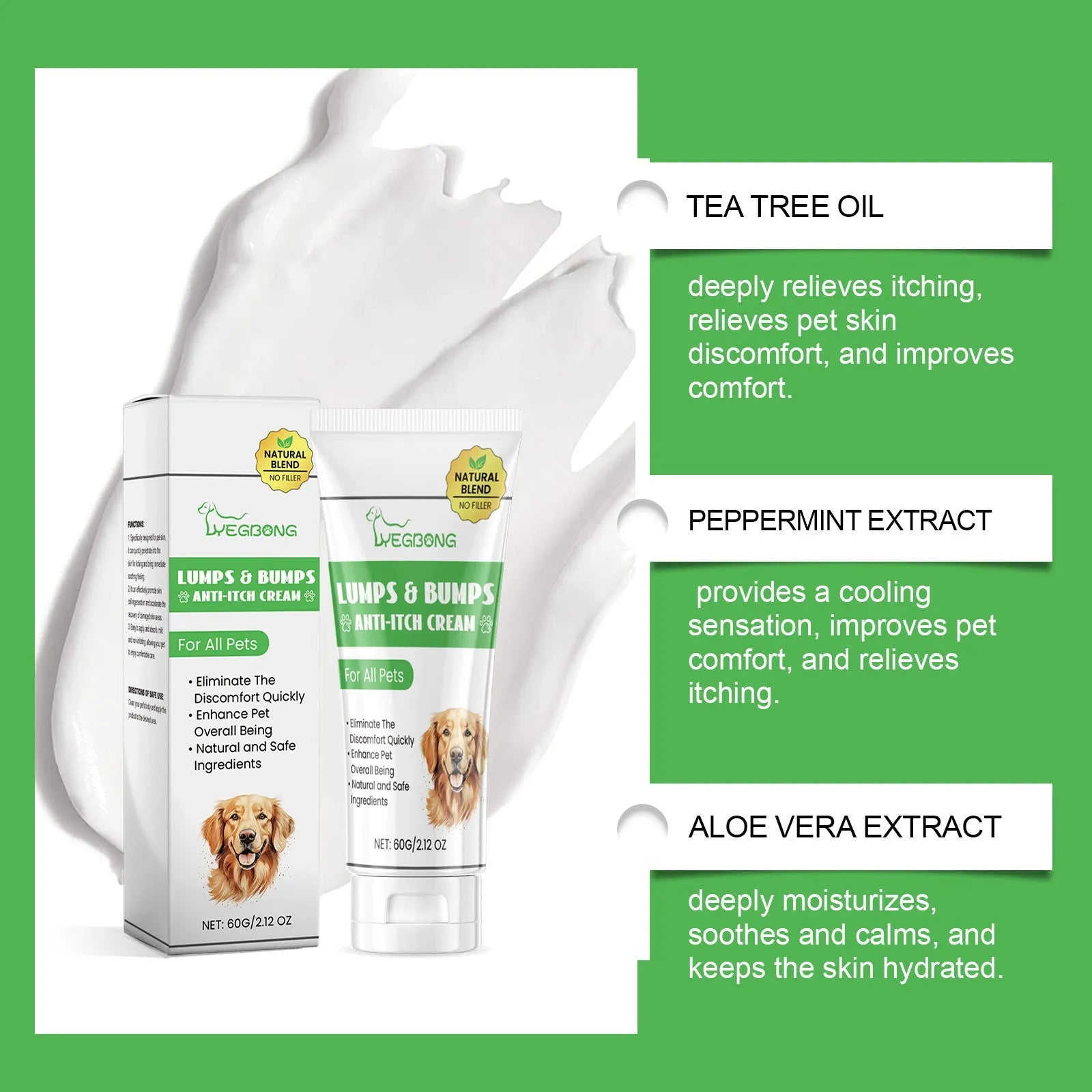 60g tube of pet antipruritic cream for cats with tea tree oil and botanical extracts formula
