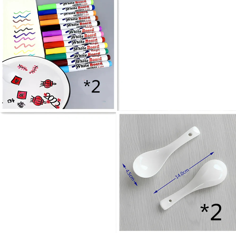 Children's floating water painting pens with oil-based colours and plastic spoon for creating temporary artwork