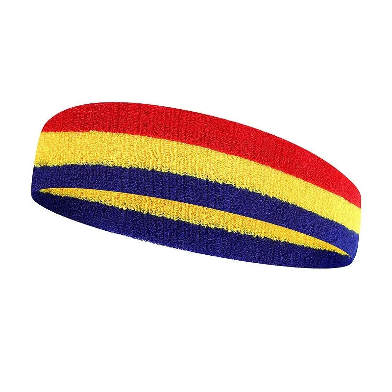 Colour-block sports headband for adults shown in a multi-colour design, suitable for running and yoga.