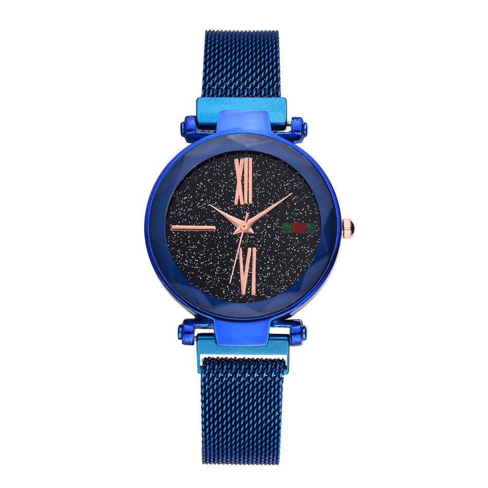Ladies quartz watch with stainless steel magnet band in choice of six colours on wrist.