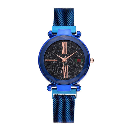Ladies quartz watch with stainless steel magnet band in choice of six colours on wrist.