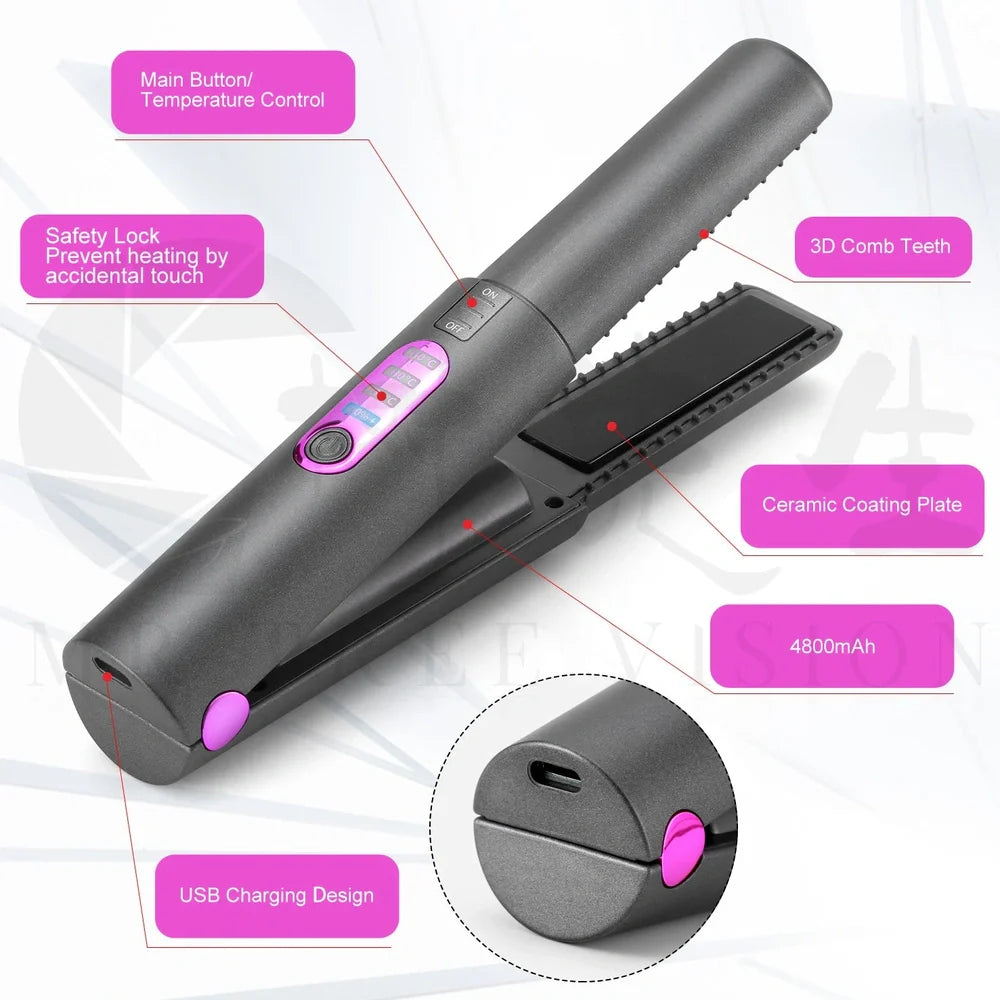 Green USB travel hair iron with ceramic tourmaline plates showing temperature display and dual straightening/curling function