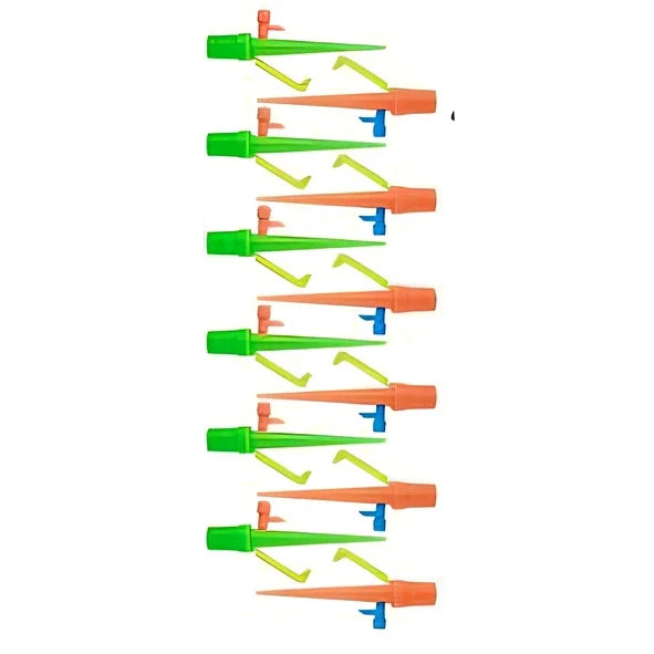 Green and orange plastic garden watering spikes measuring 16.5cm for plant irrigation