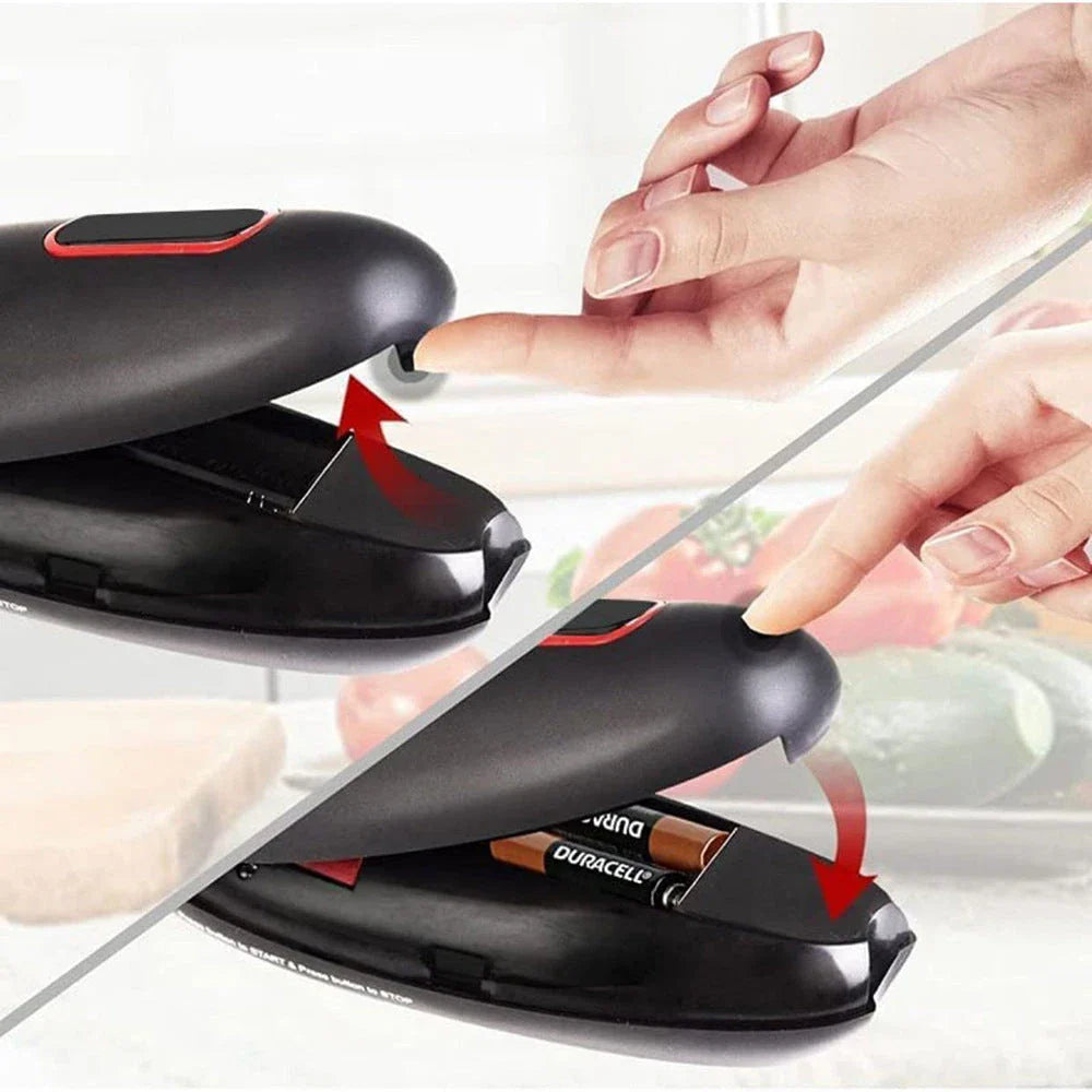 Automatic electric can opener with one-touch operation, versatile jar and bottle opening, and compact, modern design.