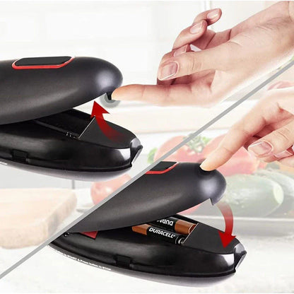 Automatic electric can opener with one-touch operation, versatile jar and bottle opening, and compact, modern design.