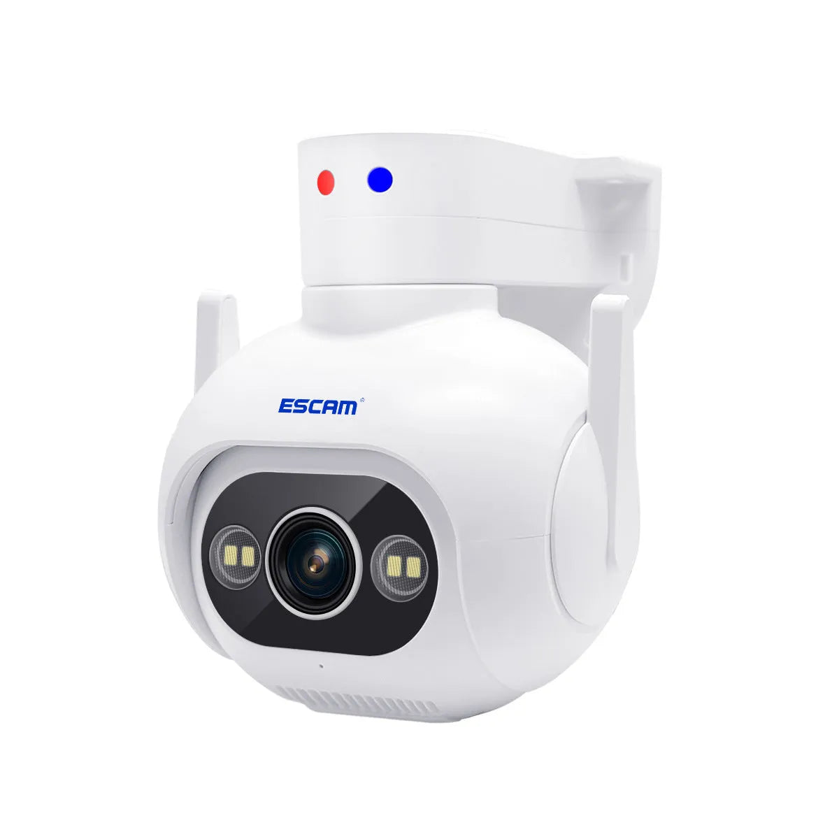White smart security camera with wall mount bracket and 4mm lens for indoor and outdoor use.
