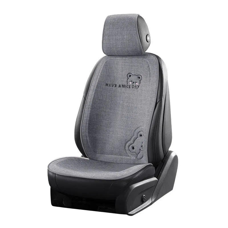 Car seat cushion set with lumbar support pillow and headrest in linen fabric with wool cotton filler for four-season use in a choice of five colours including cure bear linen pearl white and cure bear linen grey