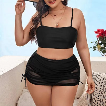 Women's solid colour mesh bikini three-piece set with top, underwear, and apron.