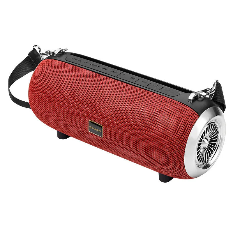 F666 portable mini Bluetooth speaker in fabric mesh with shoulder strap and extended FM antenna.