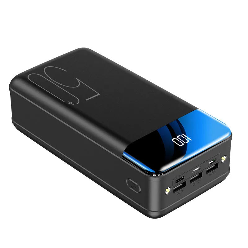 Black large capacity power bank with 50,000mAh, three output ports, and dimensions 169mm by 83mm by 52mm