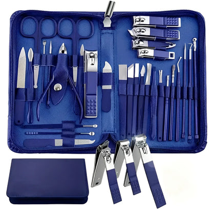 30-piece stainless steel nail beauty tool set showing five colour options with 260g weight