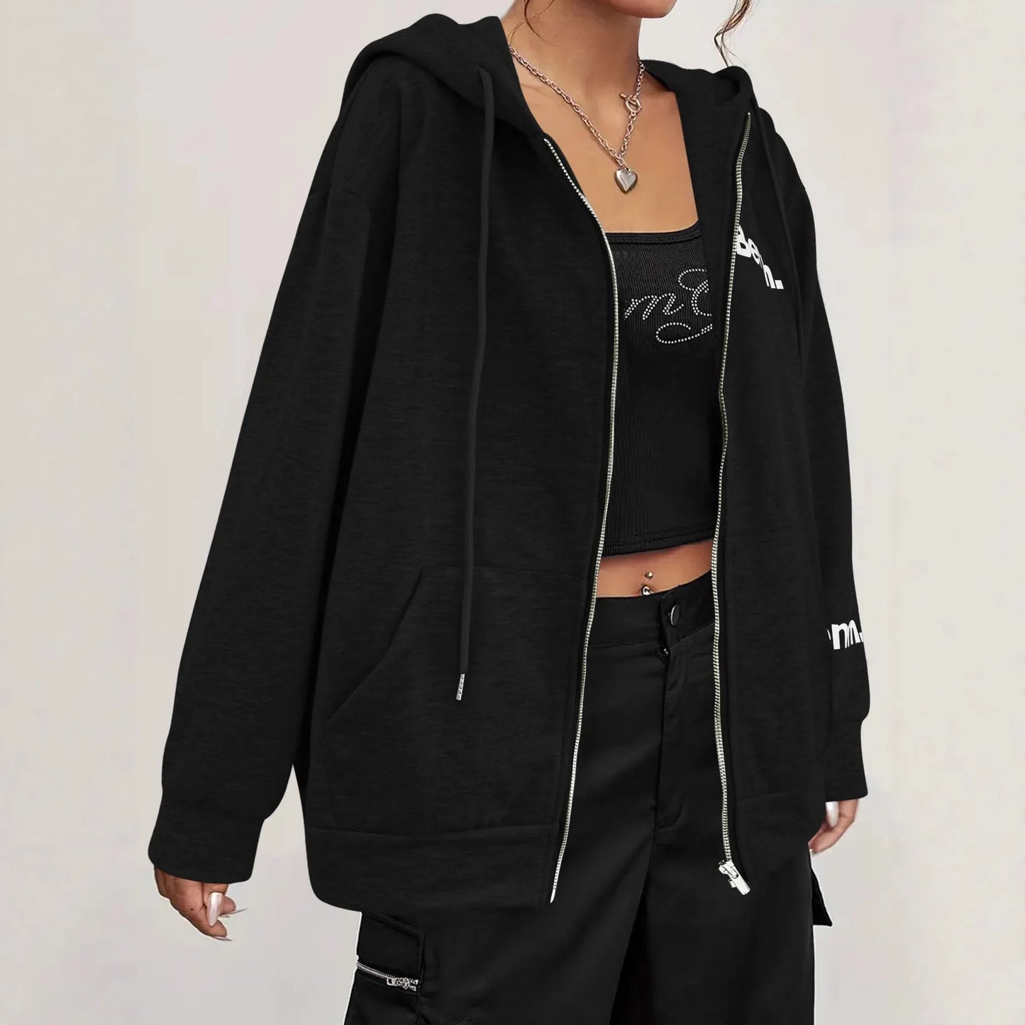 Grey letter print sweater coat with zipper front and loose Japanese-style fit
