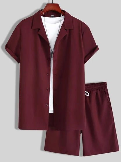 Men's short sleeve Cuban collar sport suit set with matching polyester shorts in multiple colour options