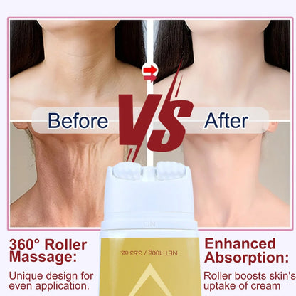 Neck firming cream with roller applicator, 120g container for daily neck skincare treatment