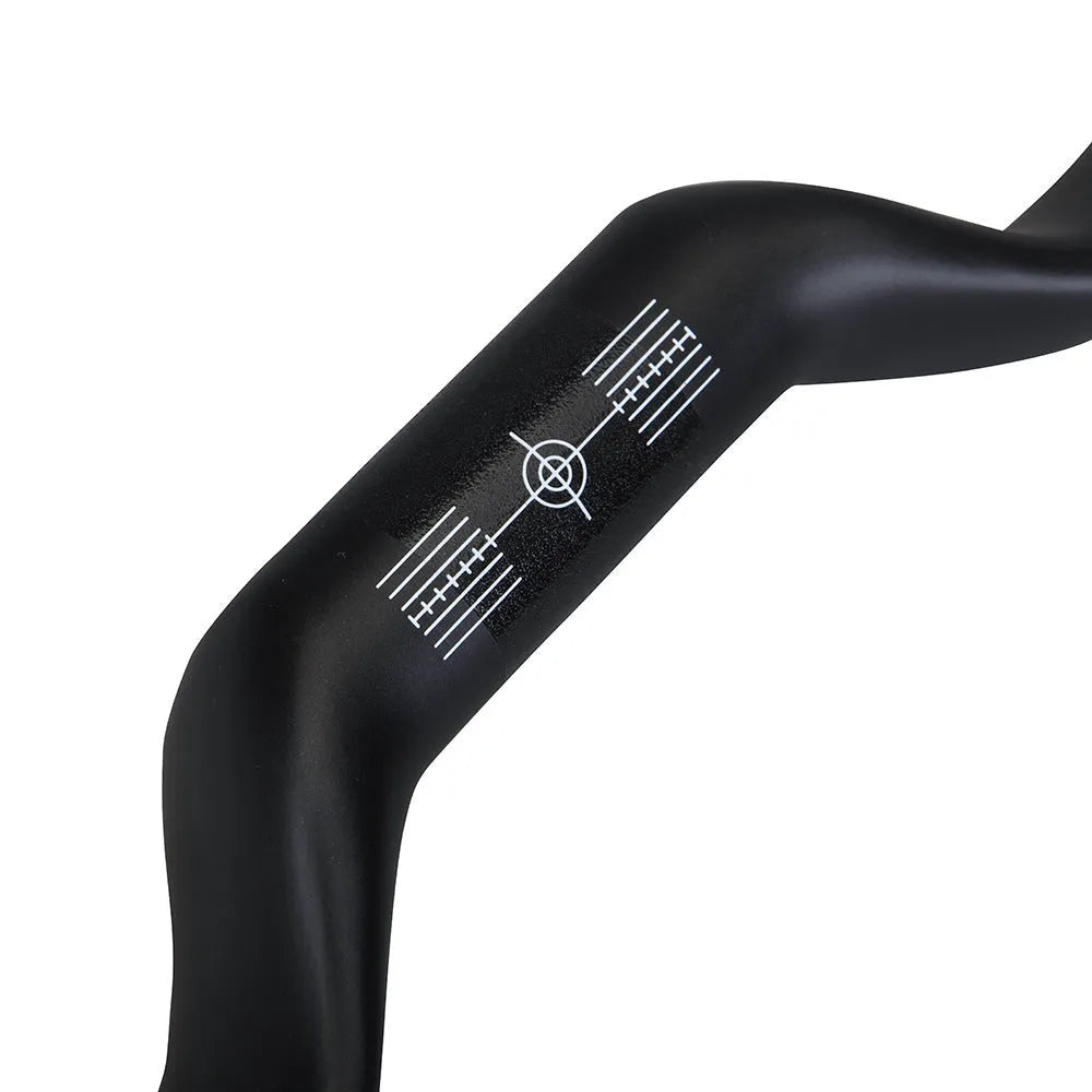 Black carbon fibre bicycle handlebar with large-angle bent outer swing design showing three width options