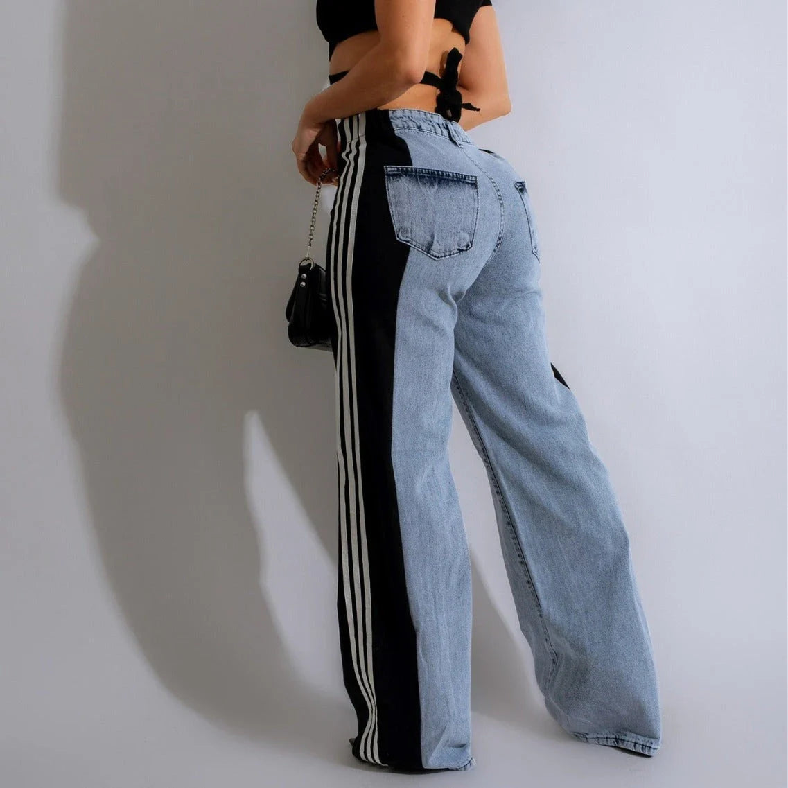 Stylish denim pants with three-stripe patchwork design in various color options