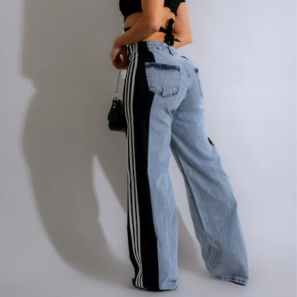 Stylish denim pants with three-stripe patchwork design in various color options