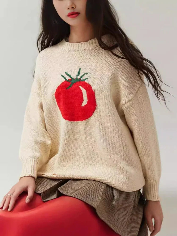Women's milky white round neck acrylic sweater with Jacquard texture and loose-fitting long sleeves