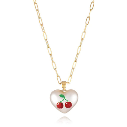Geometric fruit heart pendant necklace on an adjustable chain, showing strawberry, pineapple, apple, pear, and cherry design options.